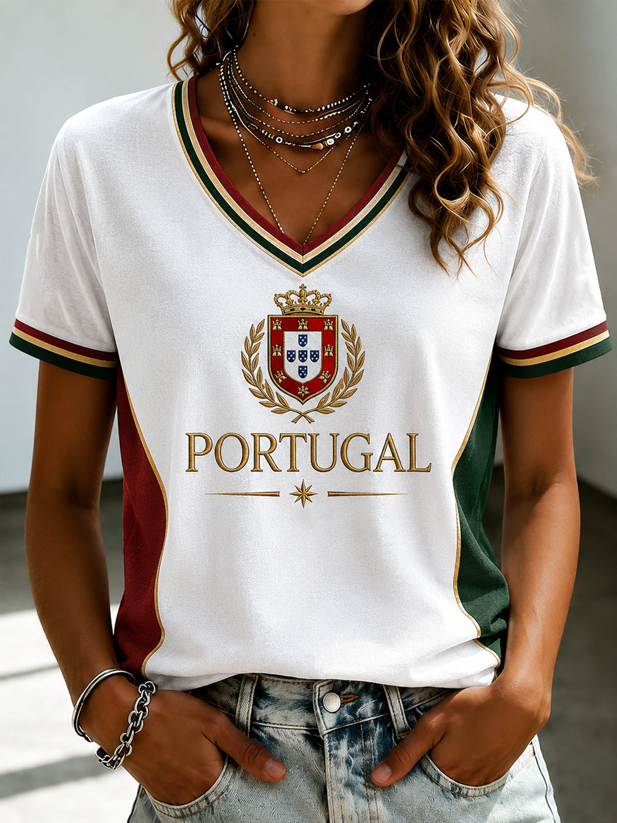 Women's Portuguese Football Printed V-neck T-shirt