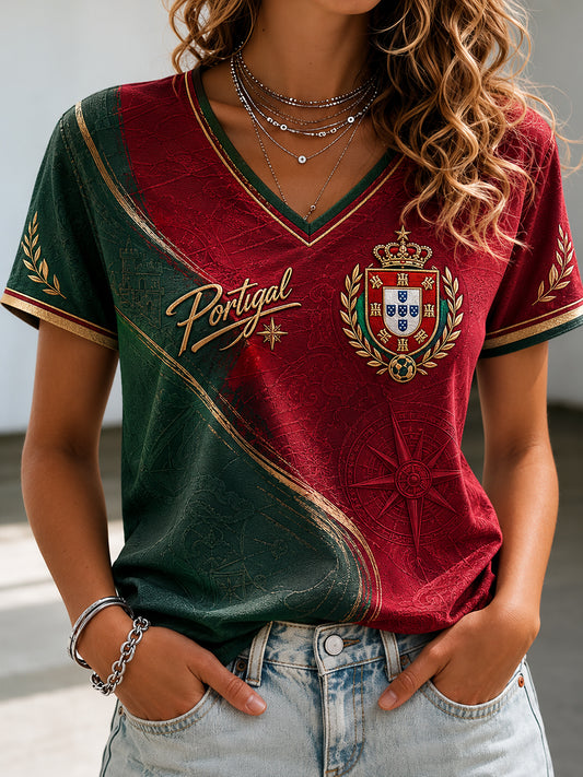 Women's Portuguese Football Printed V-neck T-shirt