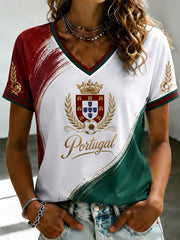 Women's Portuguese Football Printed V-neck T-shirt