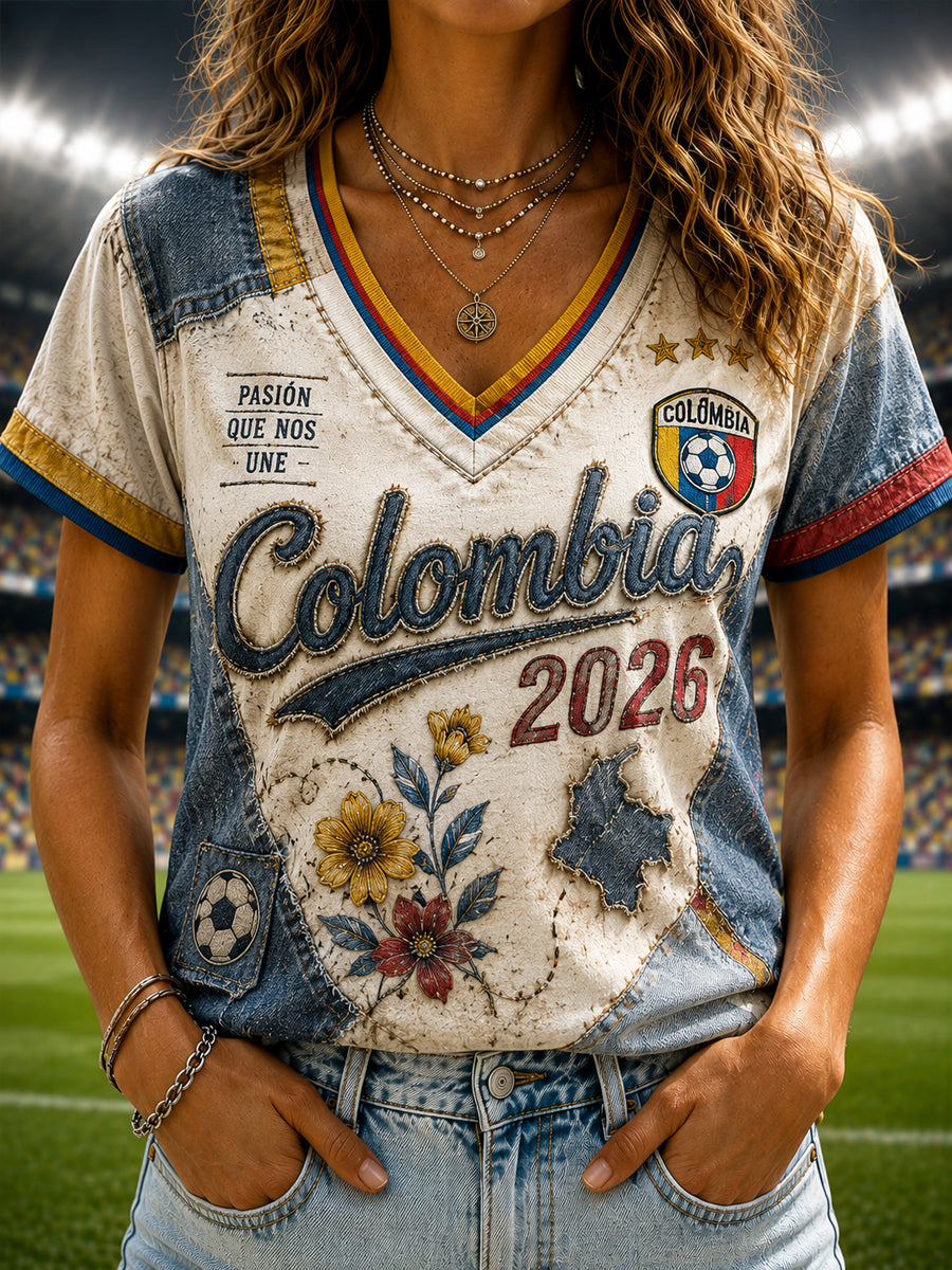 Women's Columbia Soccer Patchwork Casual V-Neck T-Shirt