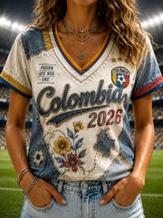 Women's Columbia Soccer Patchwork Casual V-Neck T-Shirt