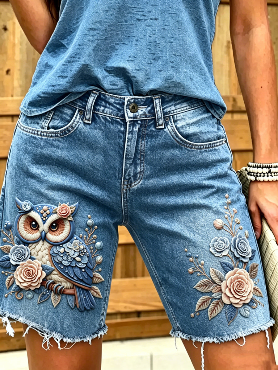 Women's Animal Owl Art Printed Short Jeans