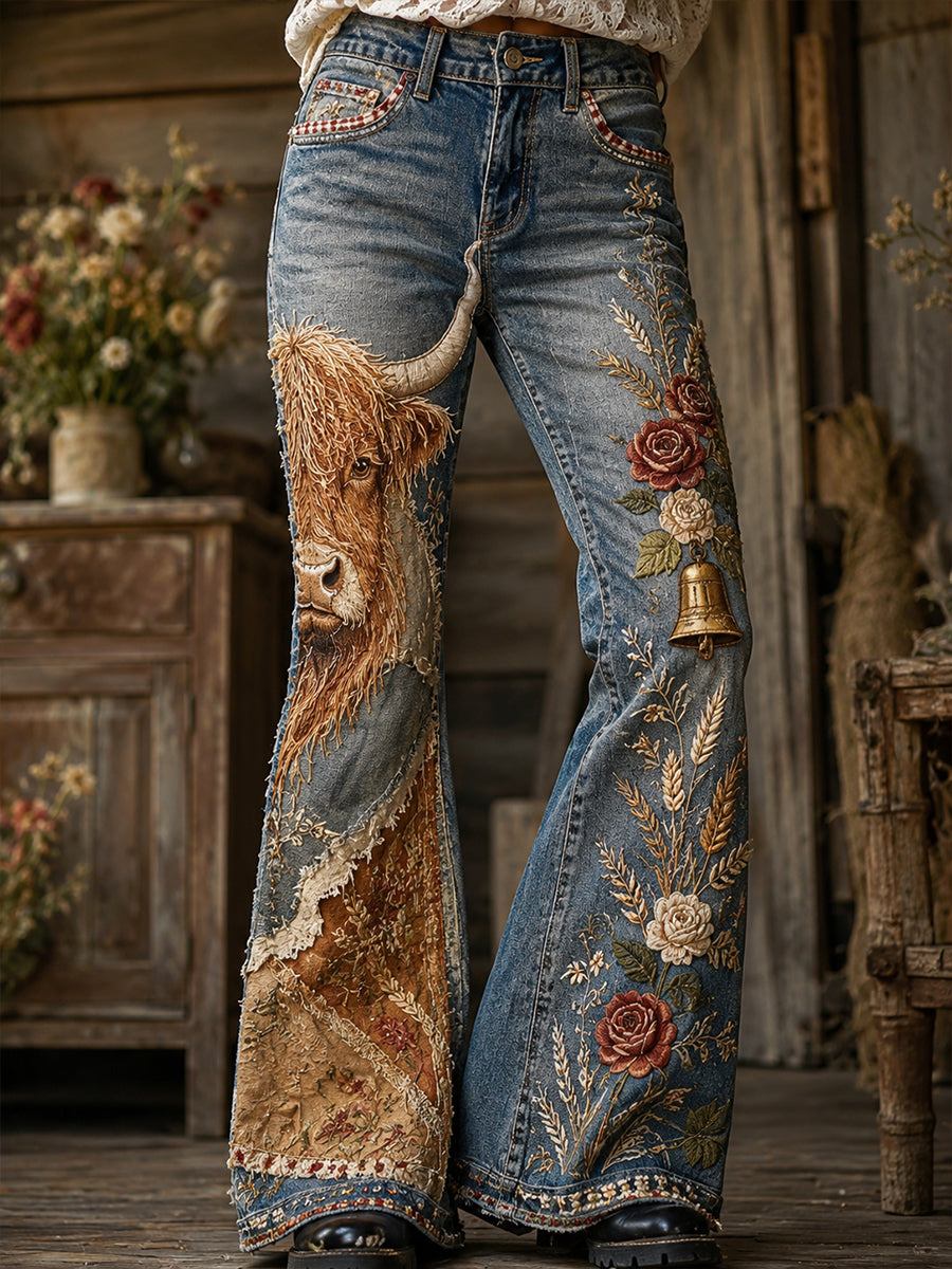 Women's Vintage Floral Highland Cow Collage Art Print Flared Trousers