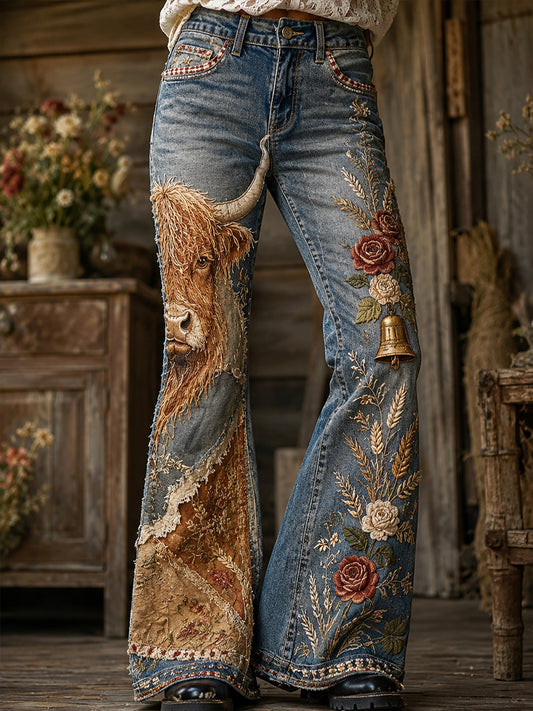 Women's Vintage Floral Highland Cow Collage Art Print Flared Trousers