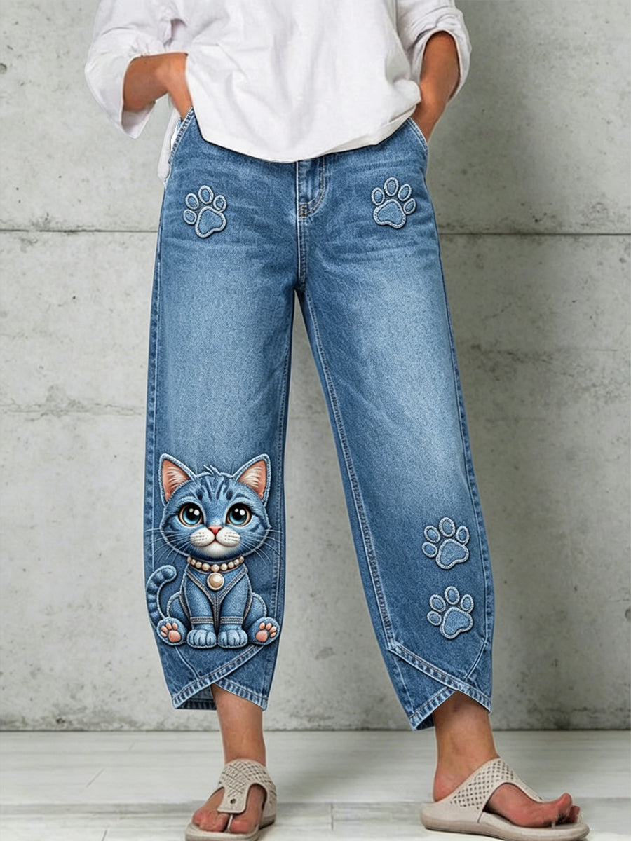 Women's Animal Cat Art Print Trousers