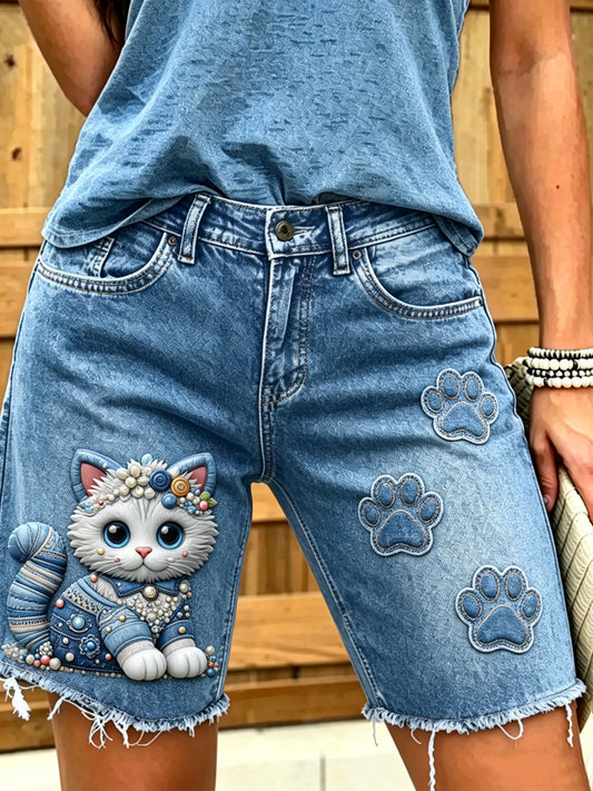 Women's Animal Cat  Art Printed Short Jeans