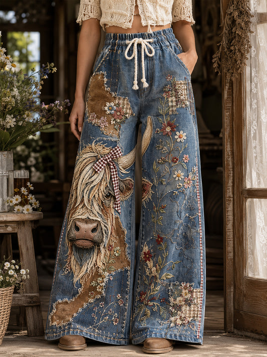Women's Vintage Floral Highland Cow Collage Art Print Trousers