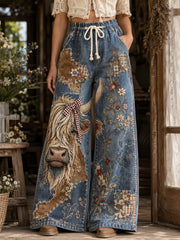 Women's Vintage Floral Highland Cow Collage Art Print Trousers