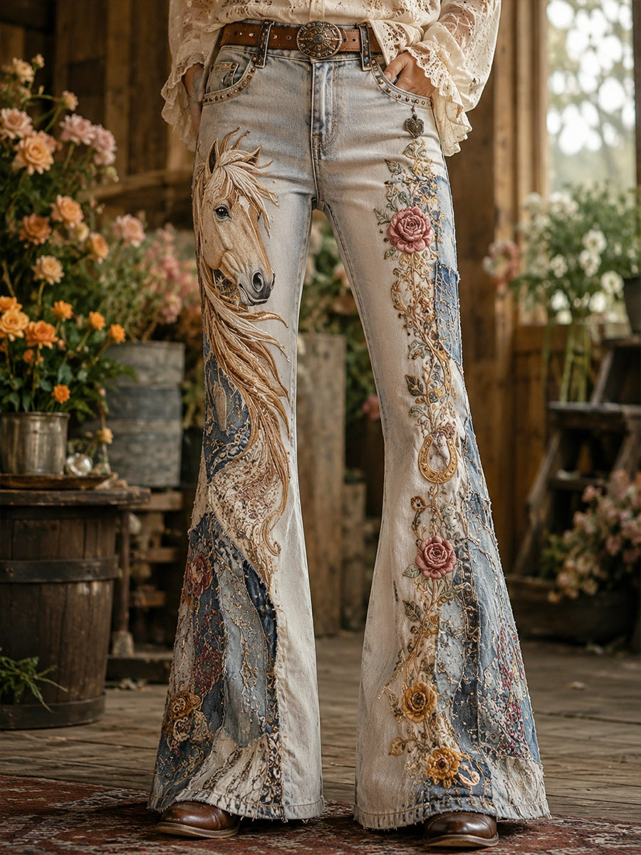 Women's Vintage Floral And Horse Collage Art Print Flared Trousers