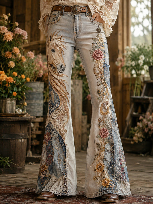 Women's Vintage Floral And Horse Collage Art Print Flared Trousers