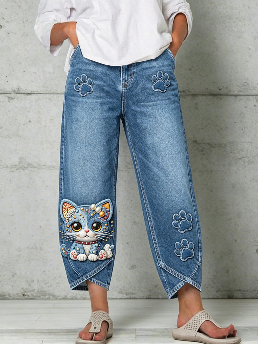 Women's Animal Cat Art Print Trousers
