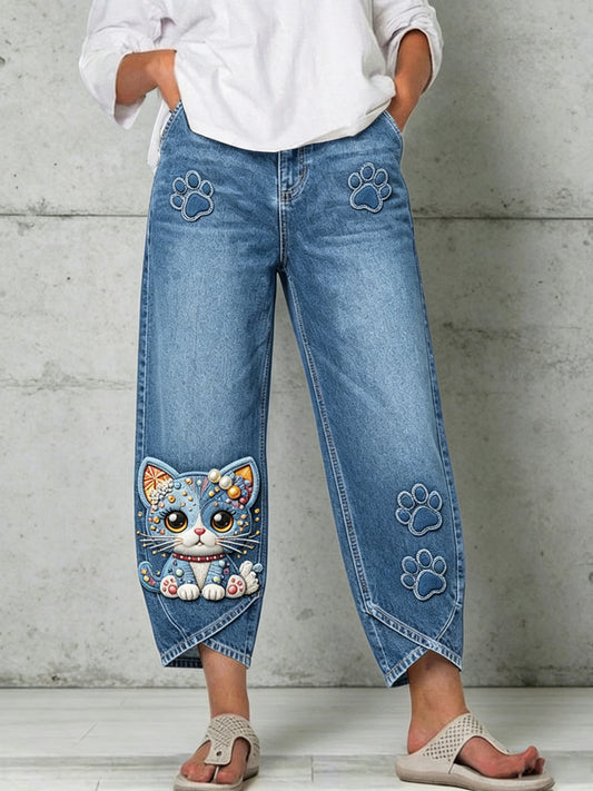 Women's Animal Cat Art Print Trousers