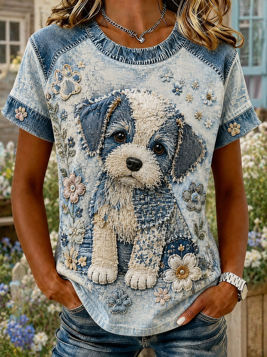 Women's Vintage Floral Puppy Collage Casual Short Sleeved T-Shirt