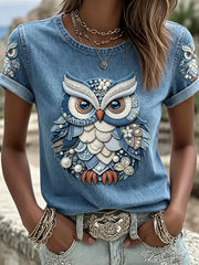 Women's Retro Animal Owl Printed Vintage Fashion Loose Short Sleeve T-Shirt