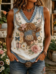 Women's  Vintage Floral Highland Cow Collage Vest
