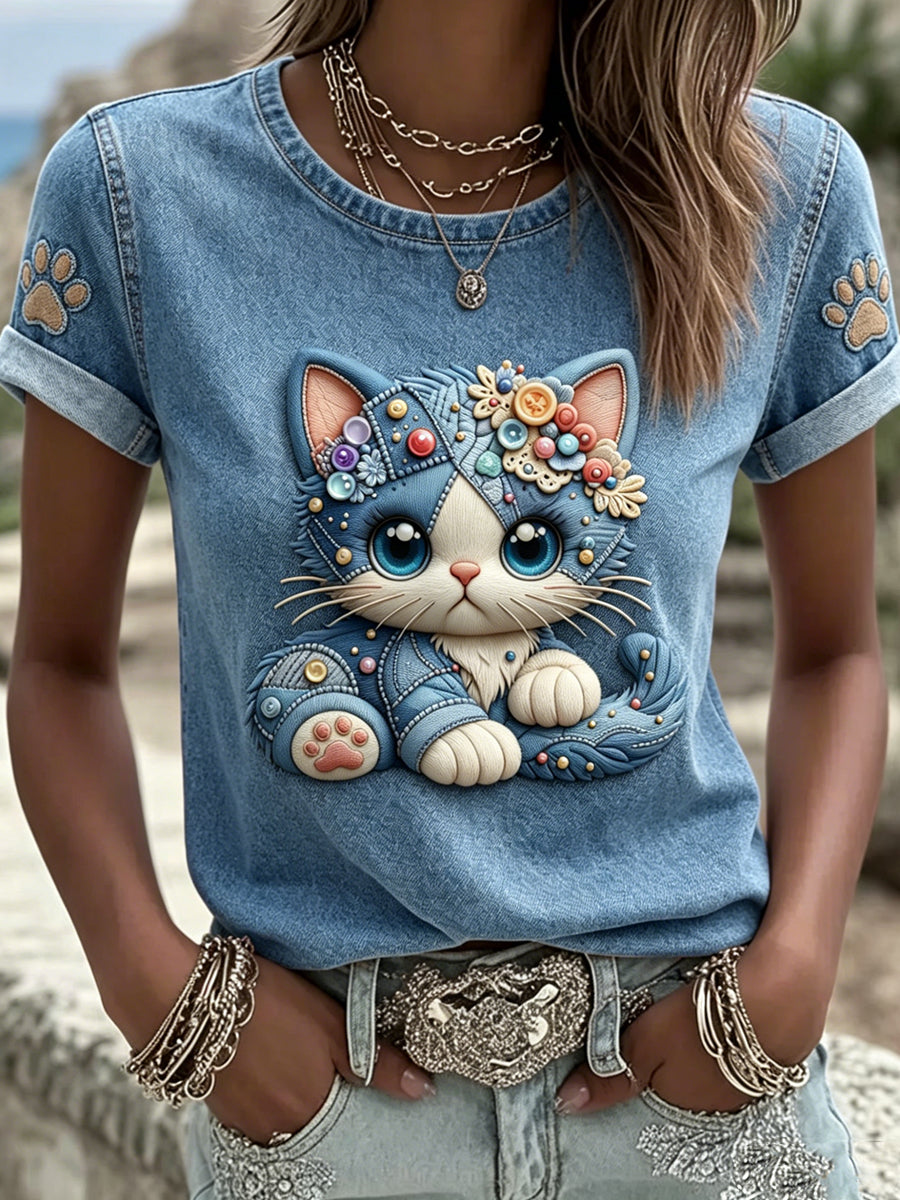 Women's Retro Animal Cat Printed Vintage Fashion Loose Short Sleeve T-Shirt