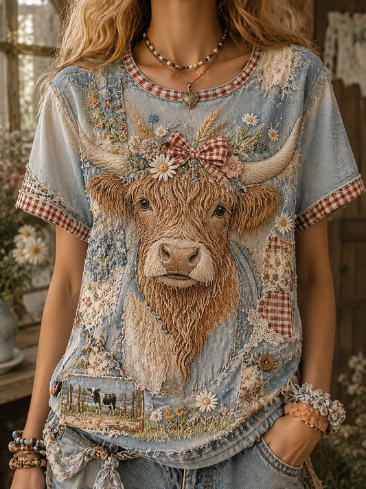 Women's Vintage Floral Highland Cow Collage Art Short-Sleeved T-Shirt