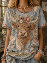 Women's Vintage Floral Highland Cow Collage Art Short-Sleeved T-Shirt