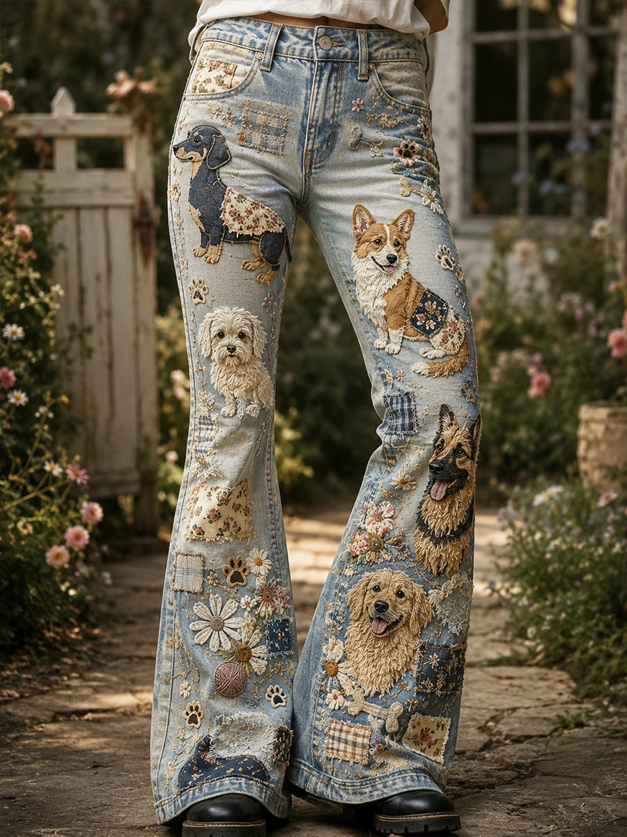 Women's Vintage Floral Dogs Collage Art Print Flared Trousers