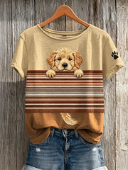 Women's Peeking Golden Retriever Dog Colorblock Print short-sleeved T-shirt
