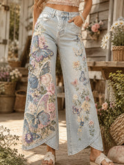 Women's Vintage Floral And Butterfly Collage Art Print Flared Trousers