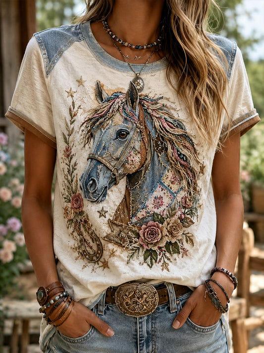 Women's Vintage Floral Western Horse Collage Art Short-Sleeved T-Shirt