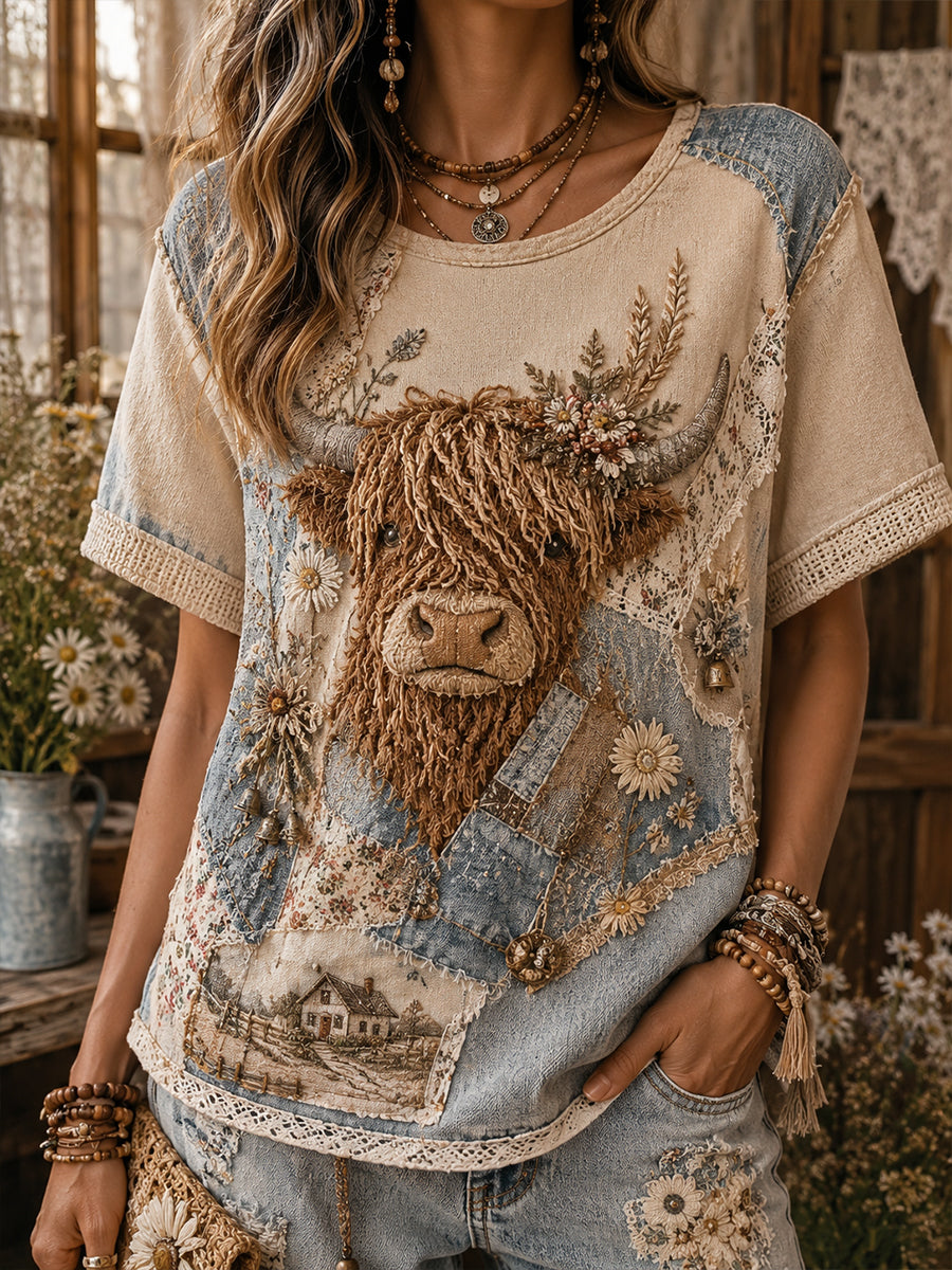 Women's Vintage Floral Highland Cow Collage Art Short-Sleeved T-Shirt
