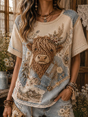 Women's Vintage Floral Highland Cow Collage Art Short-Sleeved T-Shirt
