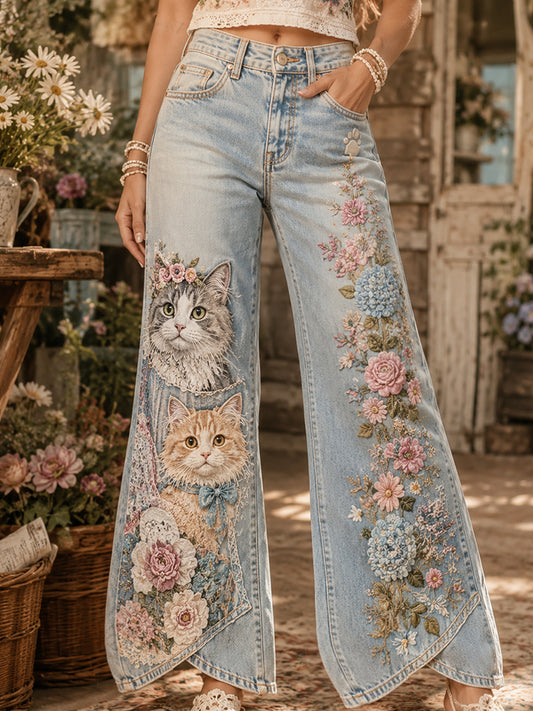 Women's Vintage-Style Pastoral Cat Collage Art Print Flared Trousers