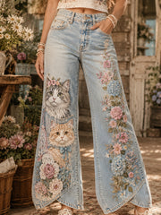 Women's Vintage-Style Pastoral Cat Collage Art Print Flared Trousers