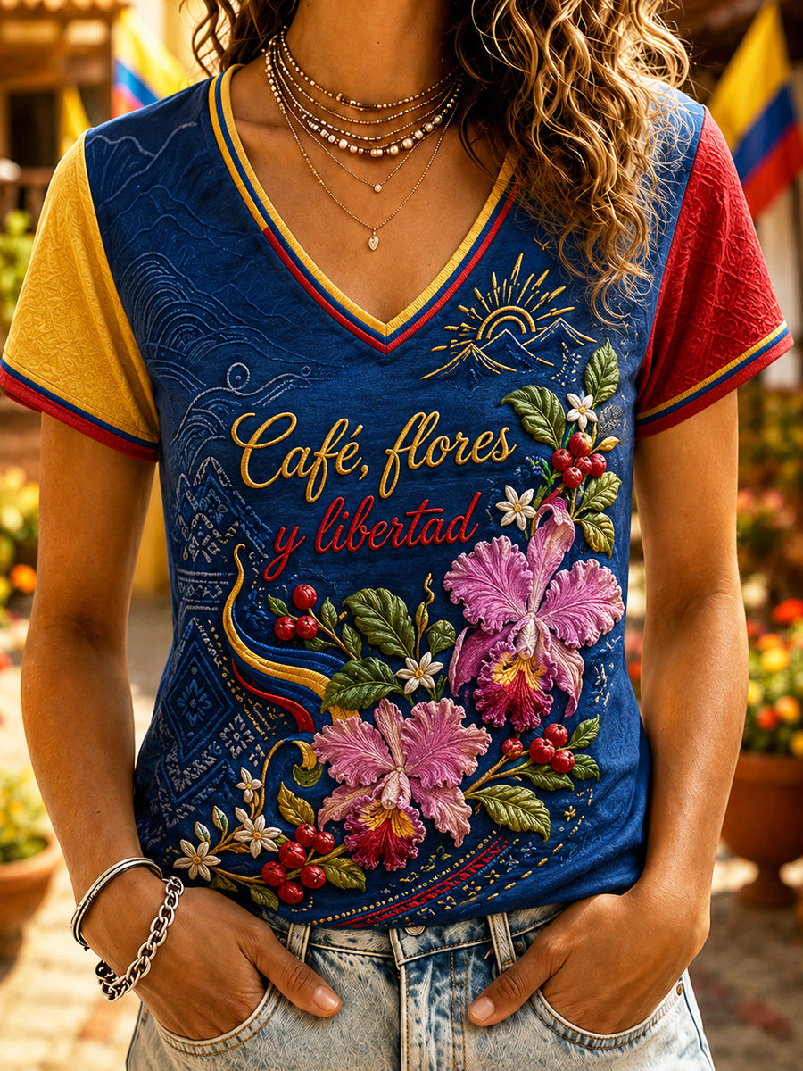 Women's Columbia Independence Day Floral Patchwork V-Neck T-Shirt