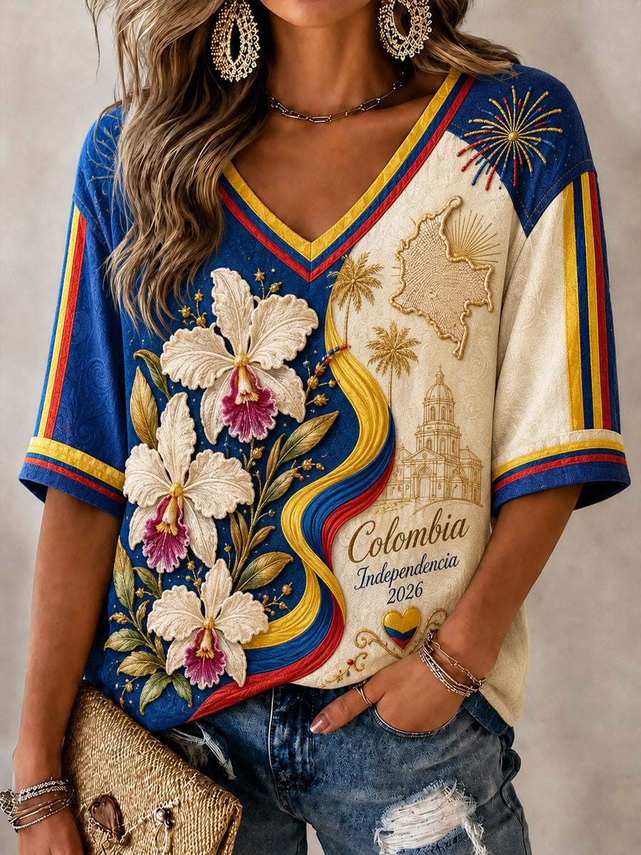 Women's Columbia Independence Day Floral Patchwork V-Neck Top