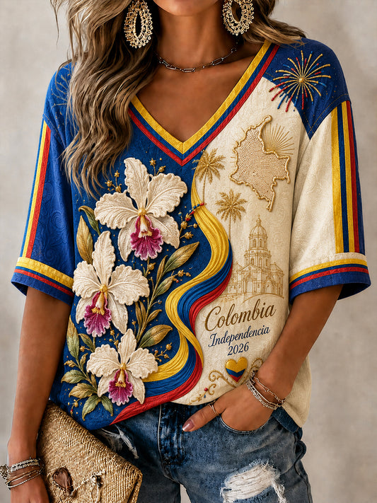 Women's Columbia Independence Day Floral Patchwork V-Neck Top