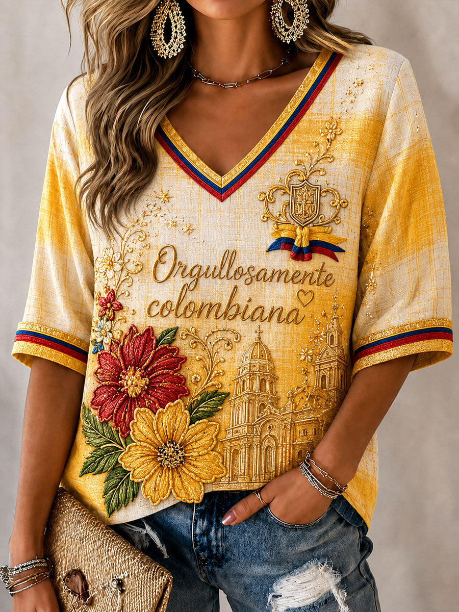 Women's Columbia Independence Day Checkered Floral Art V-Neck Top