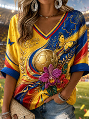 Women's Retro Columbia Soccer Butterfly Floral Casual V-Neck T-Shirt