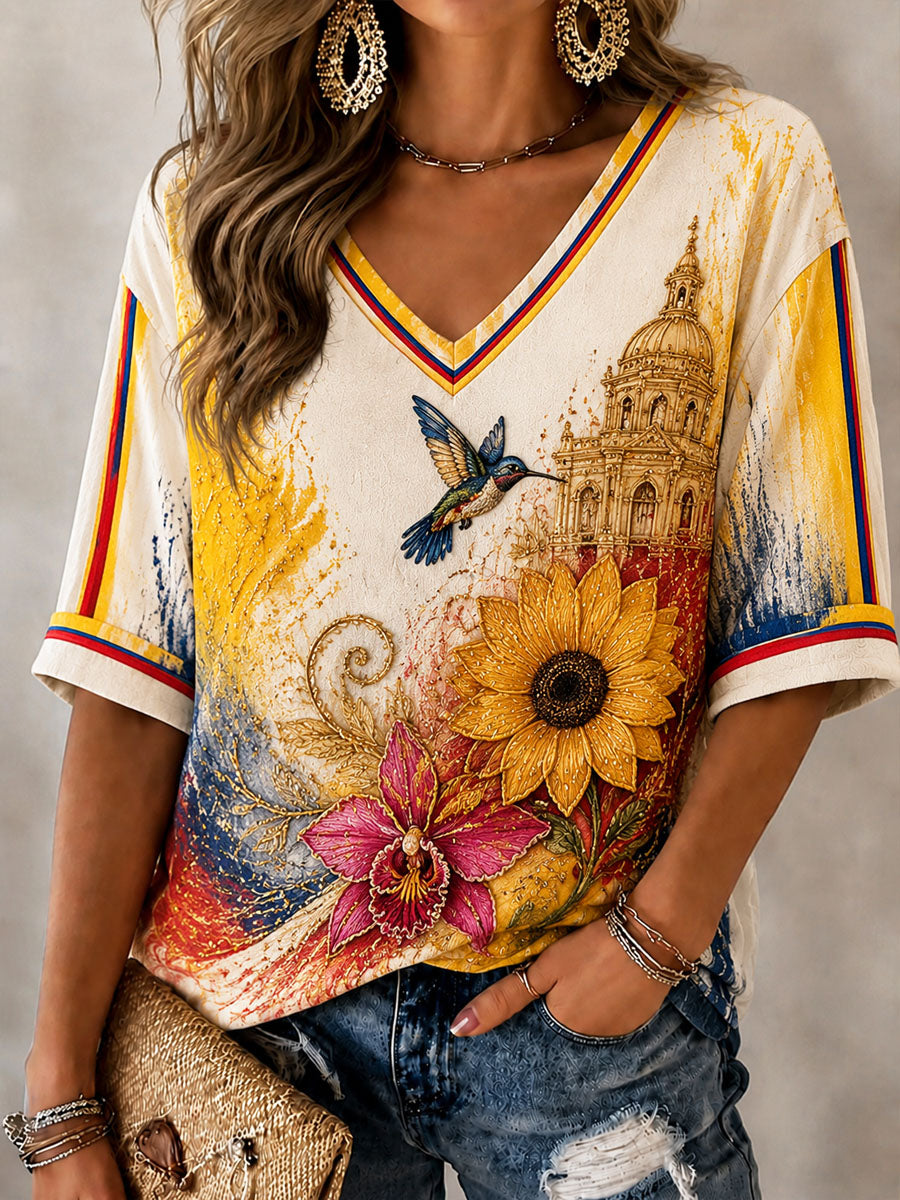 Women's Columbia Independence Day Floral Art V-Neck Top
