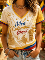 Women's Columbia Independence Day Totem Art V-Neck T-Shirt