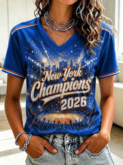 Women's New York Champions 2026 Printed V-neck T-shirt