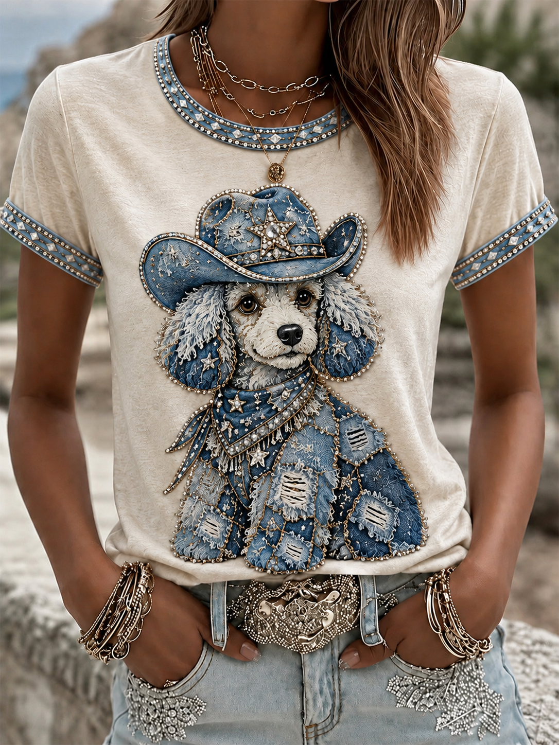 Women's Cowboy Dog  Print Casual Tee