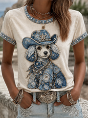 Women's Cowboy Dog  Print Casual Tee
