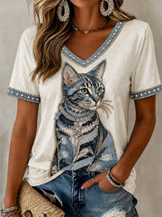 Women's Cowboy Cat  Print Casual V-Neck Tee