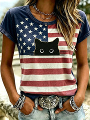 Women's American Flag Cat Print Casual T-Shirt
