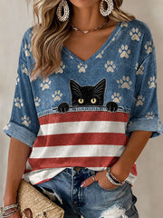 Women's American Flag Cat Print Casual T-Shirt