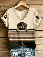 Women's Animal Dog Stripes Printed Vintage Fashion Loose Short Sleeve T-Shirt