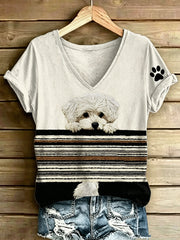 Women's Animal Dog Stripes Printed Vintage Fashion Loose Short Sleeve T-Shirt