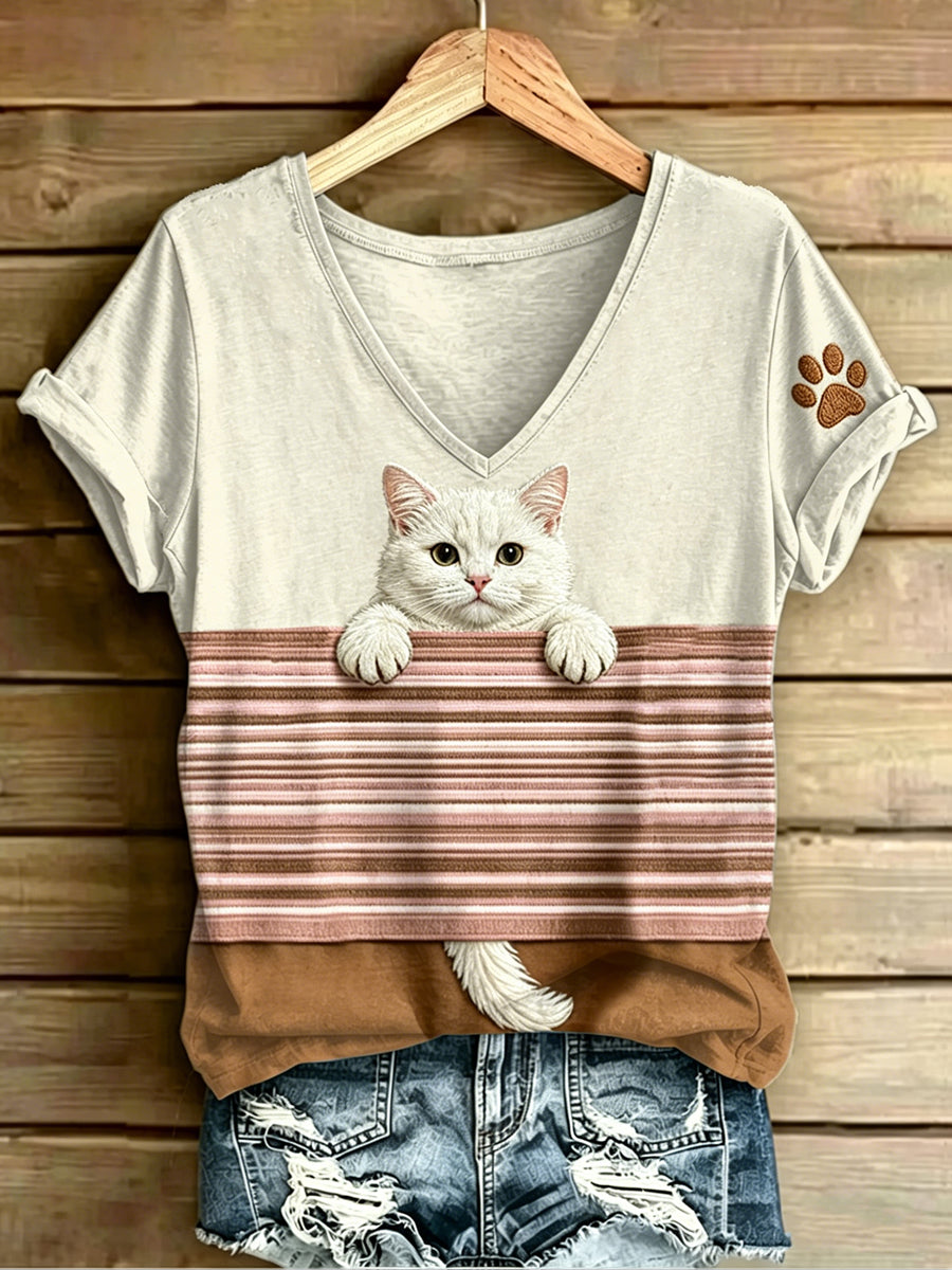 Women's Animal Cat Stripes Printed Vintage Fashion Loose Short Sleeve T-Shirt