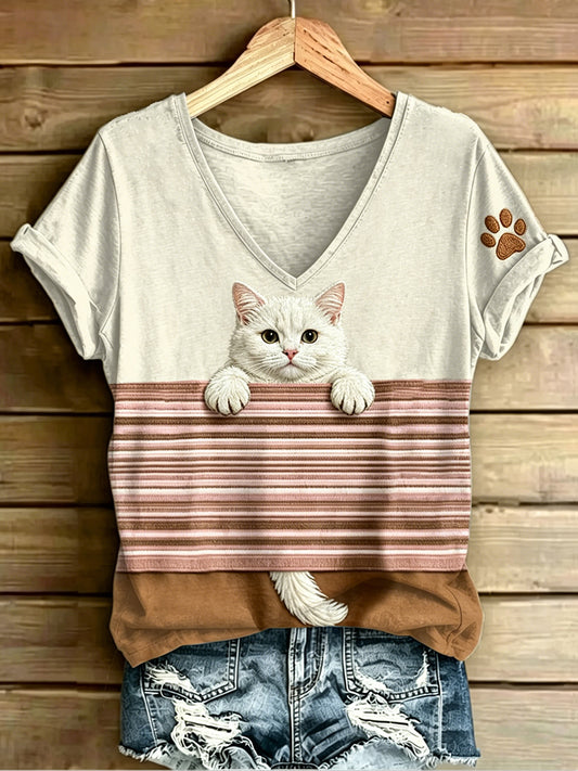 Women's Animal Cat Stripes Printed Vintage Fashion Loose Short Sleeve T-Shirt