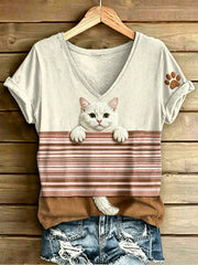 Women's Animal Cat Stripes Printed Vintage Fashion Loose Short Sleeve T-Shirt