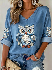 Women's V-neck Mid-Sleeve Animal Owl Printed Casual T-shirt