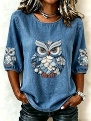 Women's Animal Owl Print Three-Quarter Sleeve T-shirt